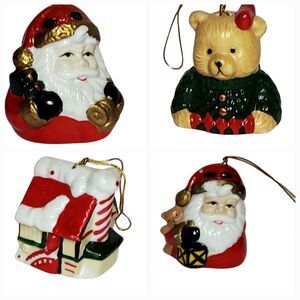 Vtg Ceramic Christmas Bell Ornaments Lot of 4 - Santa, Bear, House - Excellent